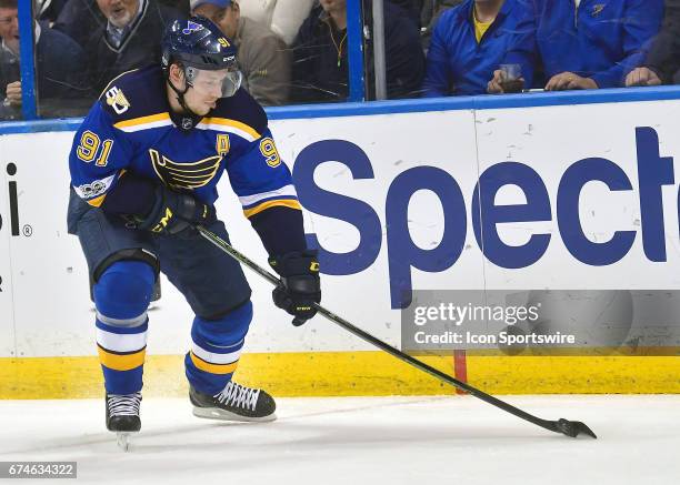 St. Louis Blues rightwing Vladimir Tarasenko with the puck during game 1 of the second round of the 2017 Stanley Cup Playoffs between the Nashville...