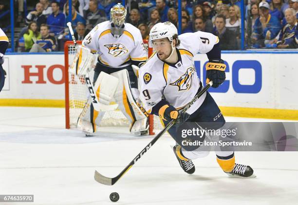 Nashville leftwing Filip Forsberg with the puck during game 1 of the second round of the 2017 Stanley Cup Playoffs between the Nashville Predators...