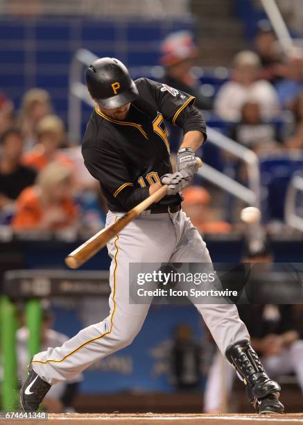 Pittsburgh Pirates shortstop Jordy Mercer homered to left during a game between the Miami Marlins and the Pittsburgh Pirates on April 28, 2017 at...