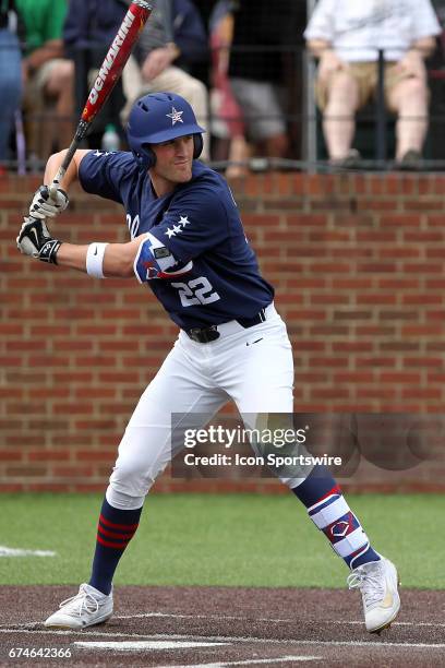 Julian Infante of Vanderbilt at bat during the college baseball game between the Florida Gators and the Vanderbilt Commodores on April 15, 2017 at...