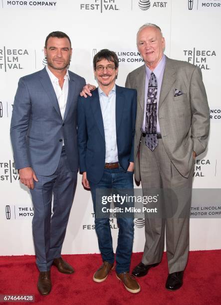 Liev Schreiber, Philippe Falardeau, and Chuck Wepner attend the "Chuck" screening during the 2017 Tribeca Film Festival at BMCC Tribeca PAC on April...