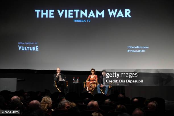 Brian Lehrer, Lynn Novick, and Ken Burns speak onstage during a panel discussion at "The Vietnam War" premiere during the 2017 Tribeca Film Festival...