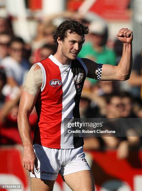 Dylan Roberton of the Saints celebrates after scoring a goal during the round six AFL match between the Hawthorn Hawks and the St Kilda Saints at...