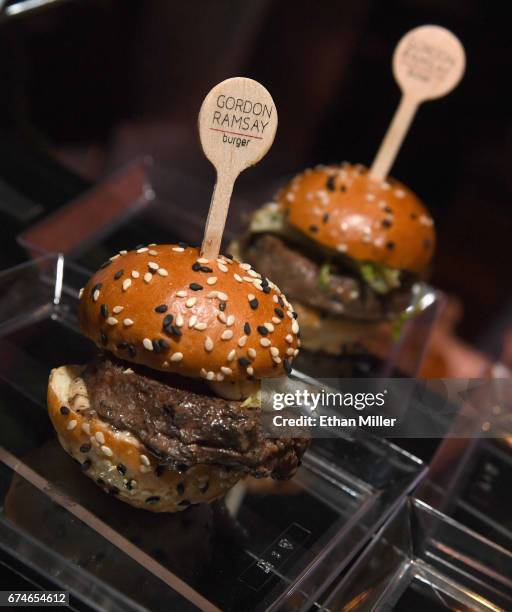 Foie Burgers are displayed at the Gordon Ramsay Burger booth during the 11th annual Vegas Uncork'd by Bon Appetit Grand Tasting event presented by...