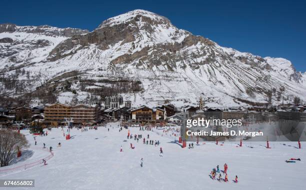 Scenes of skiing and activity on the slopes of the world famous ski resort of Val D'Isere on April 06, 2017 in Val D'Isere, France. Thousands of...