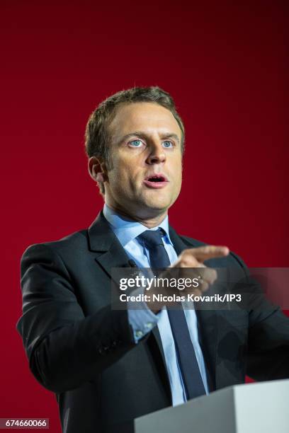 Founder and Leader of the political movement 'En Marche !' and presidential candidate Emmanuel Macron holds a meeting ahead of the second round of...