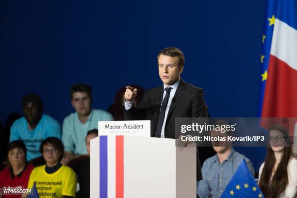 Founder and Leader of the political movement 'En Marche !' and presidential candidate Emmanuel Macron holds a meeting ahead of the second round of...