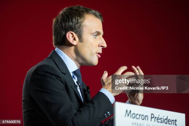 Founder and Leader of the political movement 'En Marche !' and presidential candidate Emmanuel Macron holds a meeting ahead of the second round of...