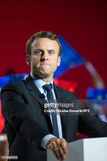 Founder and Leader of the political movement 'En Marche !' and presidential candidate Emmanuel Macron holds a meeting ahead of the second round of...