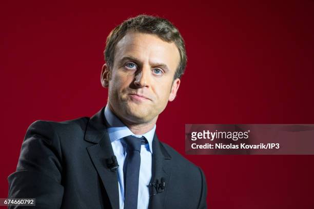 Founder and Leader of the political movement 'En Marche !' and presidential candidate Emmanuel Macron holds a meeting ahead of the second round of...