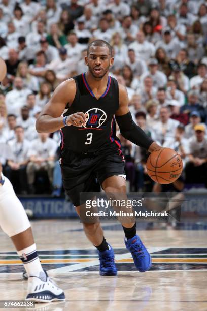 Chris Paul of the LA Clippers handles the ball against the Utah Jazz in Game Six of the Western Conference Quarterfinals of the 2017 NBA Playoffs on...