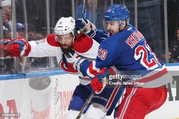 Chris Kreider of the New York Rangers skates against Shea Weber of the Montreal Canadiens in Game Six of the Eastern Conference First Round during...