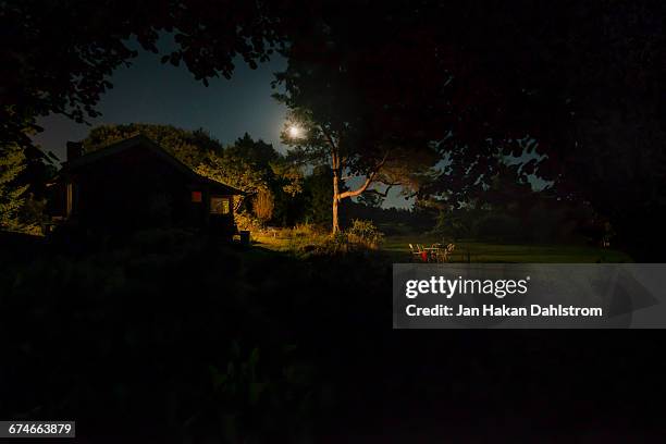 small cabin in garden - dark evening sky stock-fotos und bilder