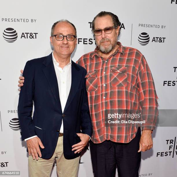 Director Pappi Corsicato and Julian Schnabel attend the "Julian Schnabel: A Private Portrait" premiere at SVA Theater on April 28, 2017 in New York...