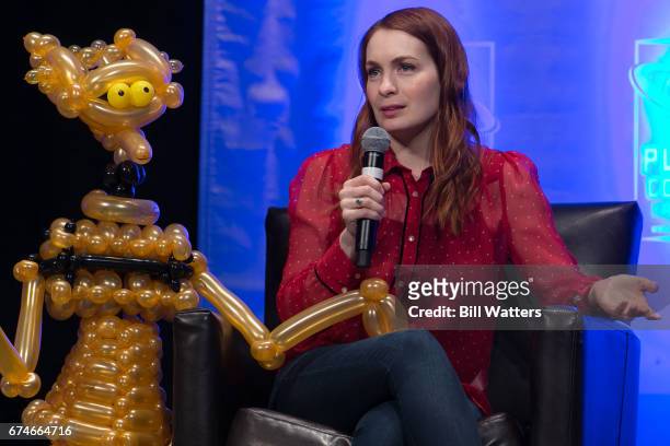 Actress Felicia Day speaks during a Q&A panel at Planet Comicon Kansas City at the Kansas City Convention Center on April 28, 2017 in Kansas City,...