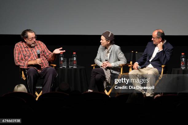 Julian Schnabel, Laurie Anderson, and director Pappi Corsicato speak onstage during a panel discussion at the "Julian Schnabel: A Private Portrait"...