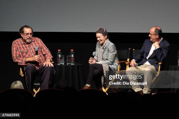 Julian Schnabel, Laurie Anderson, and director Pappi Corsicato speak onstage during a panel discussion at the "Julian Schnabel: A Private Portrait"...