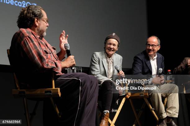 Julian Schnabel, Laurie Anderson, and director Pappi Corsicato speak onstage during a panel discussion at the "Julian Schnabel: A Private Portrait"...