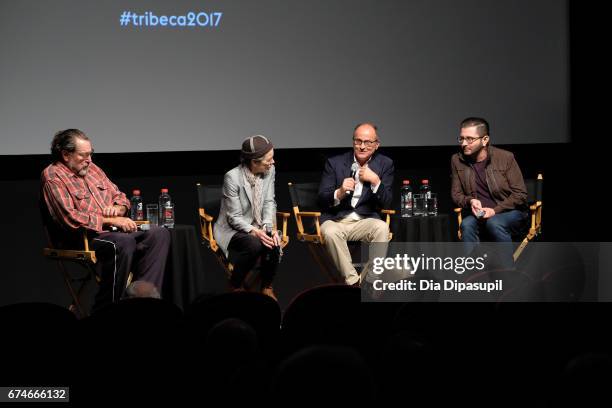 Julian Schnabel, Laurie Anderson, and director Pappi Corsicato speak onstage during a panel discussion at the "Julian Schnabel: A Private Portrait"...