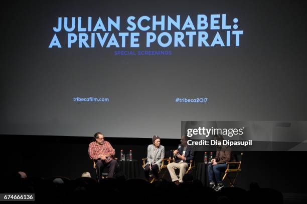 Julian Schnabel, Laurie Anderson, and director Pappi Corsicato speak onstage during a panel discussion at the "Julian Schnabel: A Private Portrait"...