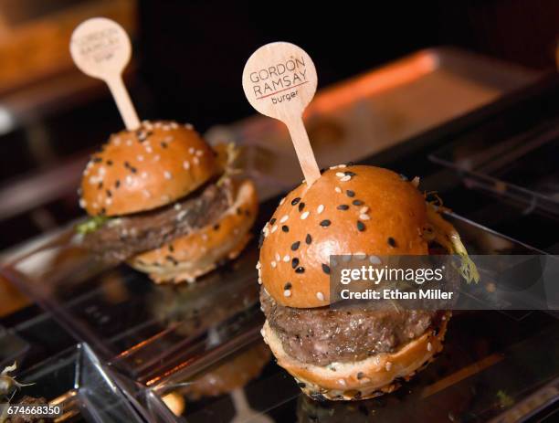 Foie Burgers are displayed at the Gordon Ramsay Burger booth during the 11th annual Vegas Uncork'd by Bon Appetit Grand Tasting event presented by...