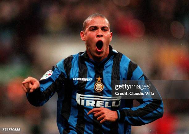 Ronaldo of Inter Milan celebrates during the Serie A match between Milan and Inter Milan played at the "Giuseppe Meazza" in Milan.
