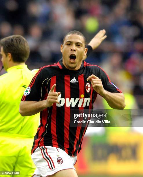 Ronaldo of AC Milan celebrates during the Serie A 2006/2007 28th round match between Inter of Milan and Milan played at the "Giuseppe Meazza" in...