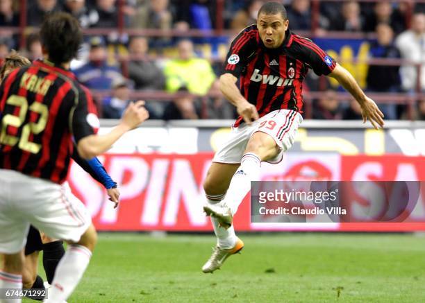Ronaldo of AC Milan scores the goal during the Serie A 2006/2007 28th round match between Inter of Milan and Milan played at the "Giuseppe Meazza" in...