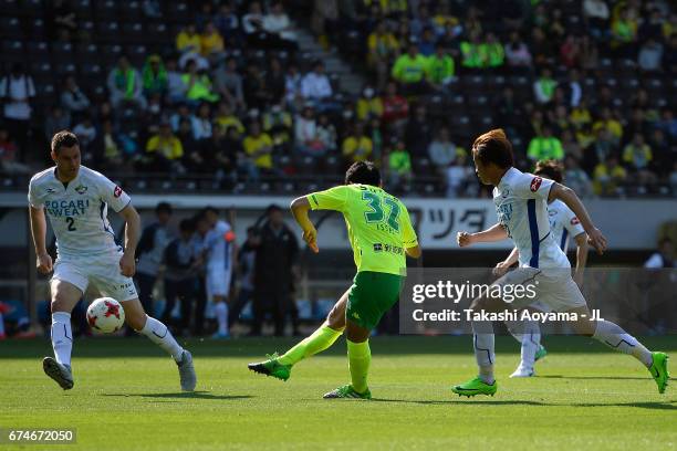 Issei Takahashi of JEF United Chiba scores the opening goal during the J.League J2 match between JEF United Chiba and Tokushima Vortis at Fukuda...