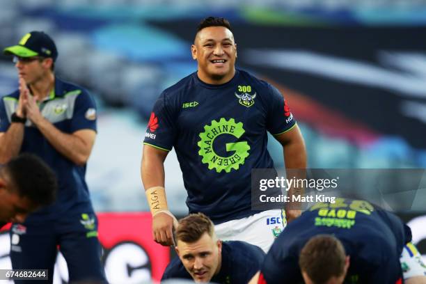 Josh Papalii of the Raiders warms up before the round nine NRL match between the Canterbury Bulldogs and the Canberra Raiders at ANZ Stadium on April...