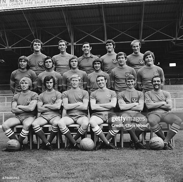 Team photo of Portsmouth F.C., UK, 30th August 1971. From left to right: Colin Blant, Ray Hiron, John Milkins, Eoin Hand, Richie Reynolds; David...