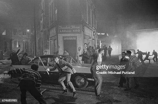 Scene depicting the 1958 Notting Hill race riots on the set of the rock musical, 'Absolute Beginners', directed by Julien Temple, August 1985.