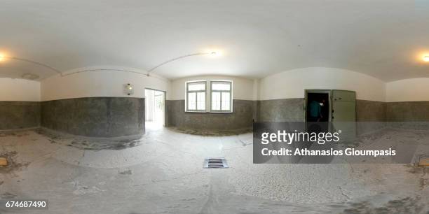 Panorama of the Interior of Gas Chamber 1 on April 14, 2017 in Dachau, Germany. Dachau was the first Nazi concentration camp and began operation in...