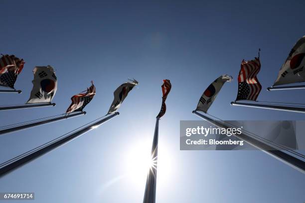 And South Korean national flags fly at the Imjingak pavilion near the demilitarized zone in Paju, South Korea, on Saturday, April 29, 2017. North...