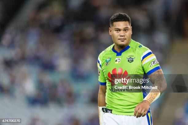 Joey Leilua of the Raiders during the round nine NRL match between the Canterbury Bulldogs and the Canberra Raiders at ANZ Stadium on April 29, 2017...