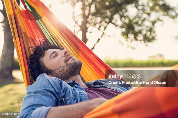 man napping in hammock - nickerchen stock-fotos und bilder