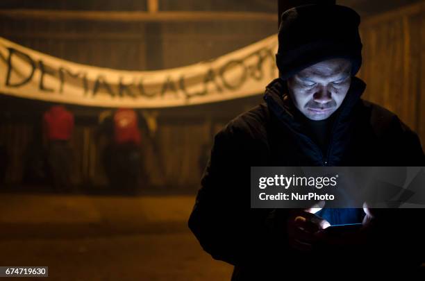 Brazilian guarani indigenous from the 5 Jaraguá villages, in Sao Paulo, Brazil, protest during the national general strike day, this Friday . Besides...