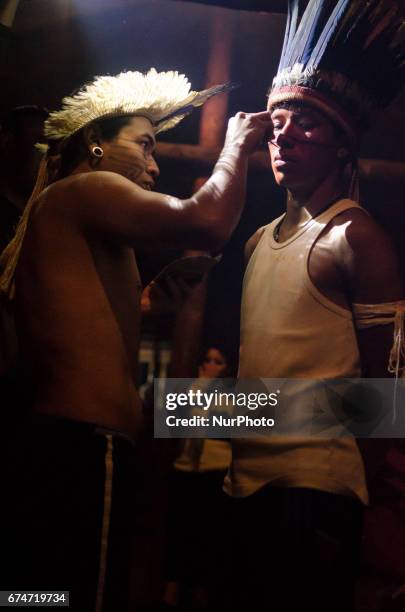 Brazilian guarani indigenous from the 5 Jaraguá villages, in Sao Paulo, Brazil, protest during the national general strike day, this Friday . Besides...