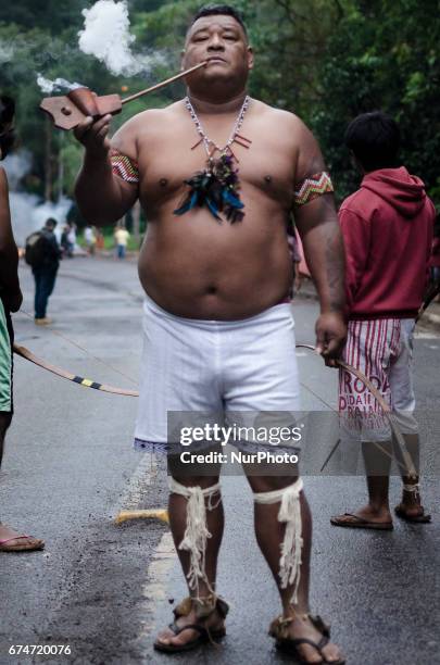 Brazilian guarani indigenous from the 5 Jaraguá villages, in Sao Paulo, Brazil, protest during the national general strike day, this Friday . Besides...