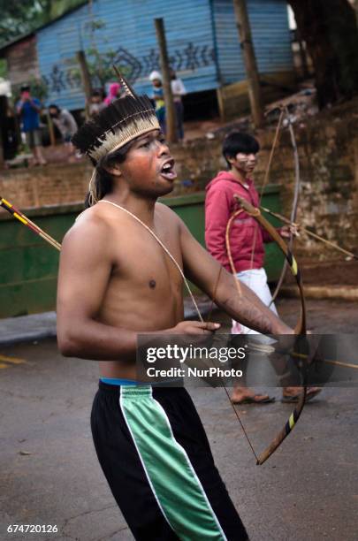 Brazilian guarani indigenous from the 5 Jaraguá villages, in Sao Paulo, Brazil, protest during the national general strike day, this Friday . Besides...