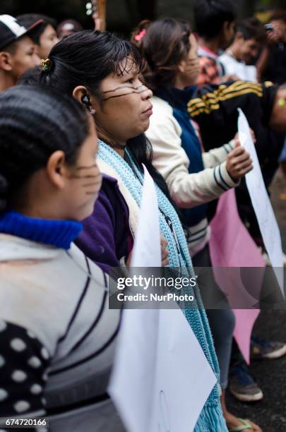 Brazilian guarani indigenous from the 5 Jaraguá villages, in Sao Paulo, Brazil, protest during the national general strike day, this Friday . Besides...