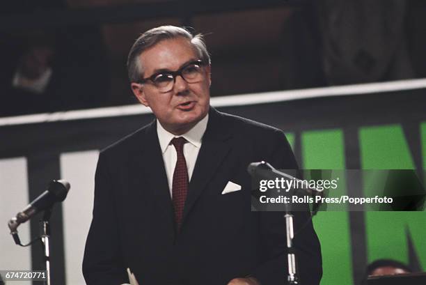 British Labour Party politician and Home Secretary, James Callaghan delivers a speech from the podium at the Labour Party annual conference at the...
