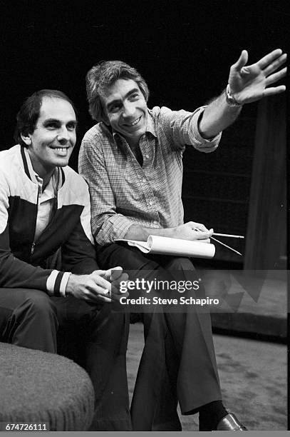 American stage and film director Gordon Davidson with an actor during play rehearsals at the Mark Taper Forum in Los Angeles Music Center, Los...