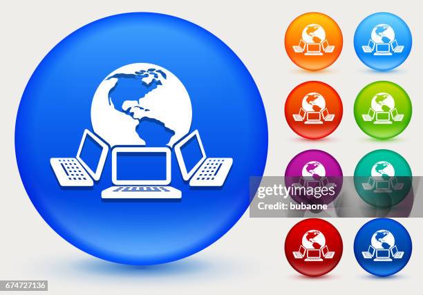 laptops and global network icon on shiny color circle buttons - hybrid learning stock illustrations