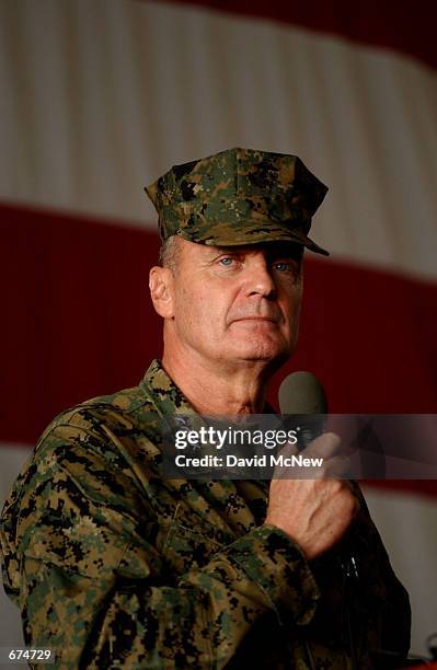 General James L. Jones, 32nd Commandant of the Marine Corps, speaks aboard the USS Bonhomme Richard November 30, 2001 at the 32nd Street Naval...