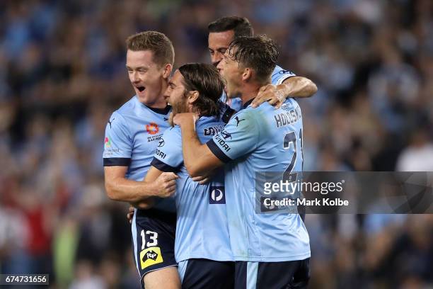 Brandon O'Neill, Joshua Brillante, Alex Brosque and Filip Holosko of Sydney FC celebrate Joshua Brillante scoring a goal during the A-League Semi...