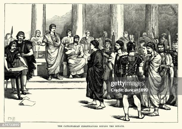 ilustraciones, imágenes clip art, dibujos animados e iconos de stock de antigua roma - catilinarian conspiradores ante el senado - foro roma