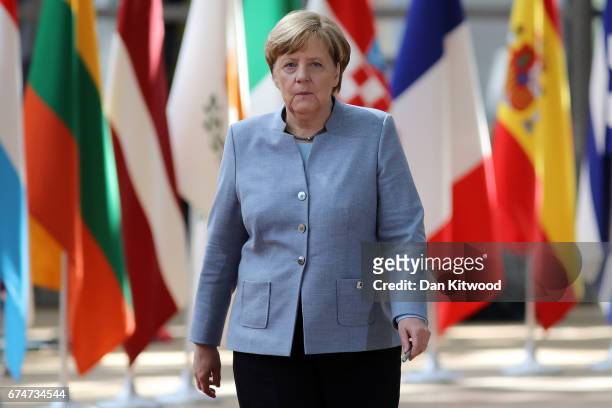 German Chancellor Angela Merkel arrives at the Council of the European Union ahead of an EU Council meeting on April 29, 2017 in Brussels, Belgium....
