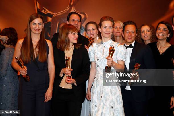 Janine Jackowski, Maren Ade, Sandra Hueller and Trystan Puetter during the Lola - German Film Award show at Messe Berlin on April 28, 2017 in Berlin,...