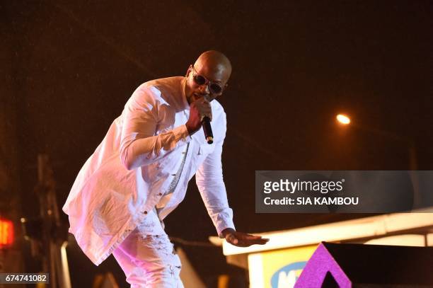 French singer Bedaya N'Garo Singuila aka Singuila, performs at the Festival des Musiques Urbaines d'Anoumabo on APril 29 at the Papa Wemba square in...